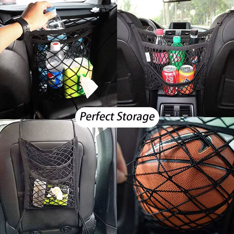 Car Storage Net Bag - Elastic Mesh Organizer for Vehicle Seat Divider and Pet Barrier