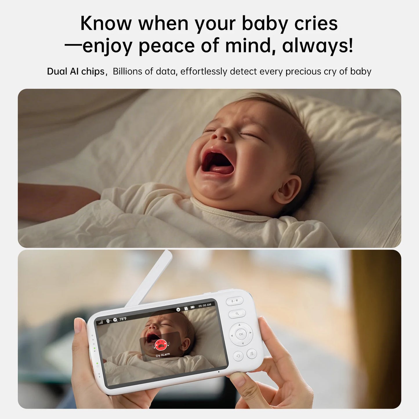 2K Video Baby Monitor with Dual Cameras, 3000Ft Long Range, No WiFi Required, 5.5" Split Display, AI Cry Detection, Infrared Night Vision, Two-Way Audio, 6000mAh Battery