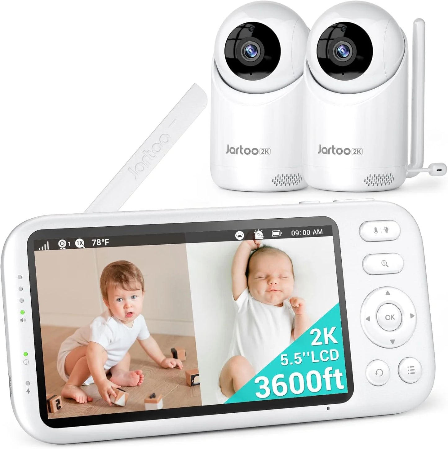 2K Video Baby Monitor with Dual Cameras, 3000Ft Long Range, No WiFi Required, 5.5" Split Display, AI Cry Detection, Infrared Night Vision, Two-Way Audio, 6000mAh Battery