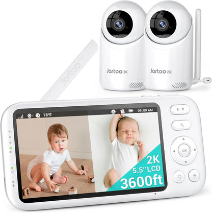 2K Video Baby Monitor with Dual Cameras, 3000Ft Long Range, No WiFi Required, 5.5" Split Display, AI Cry Detection, Infrared Night Vision, Two-Way Audio, 6000mAh Battery
