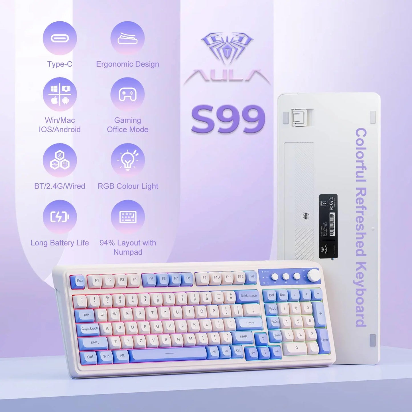 AULA S99 Membrane Keyboard, USB Charging 99 Keyboard with RGB Backlight, Ergonomic Keyboard, Comfortable Hand Gesture Keyboard, Long Endurance Keyboard, Gaming Keyboard, Computer Accessories