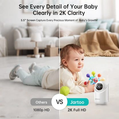 2K Video Baby Monitor with Dual Cameras, 3000Ft Long Range, No WiFi Required, 5.5" Split Display, AI Cry Detection, Infrared Night Vision, Two-Way Audio, 6000mAh Battery
